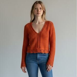 Willow + Root Sweater Womens Small Orange Open Knit Crochet Open Back Boho